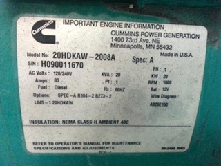 ONAN CUMMINS 20KW COMMERCIAL SD DIESEL GENERATOR FOR SALE