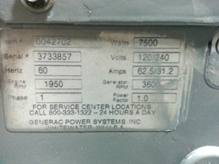 RV / MOTORHOME GENERAC 75D RV DIESEL GENERATOR FOR SALE