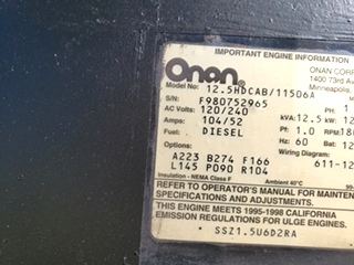 ONAN QUIET DIESEL 12500 USED MOTORHOME 12.5HDCAB/11506A GENERATOR RV PARTS FOR SALE